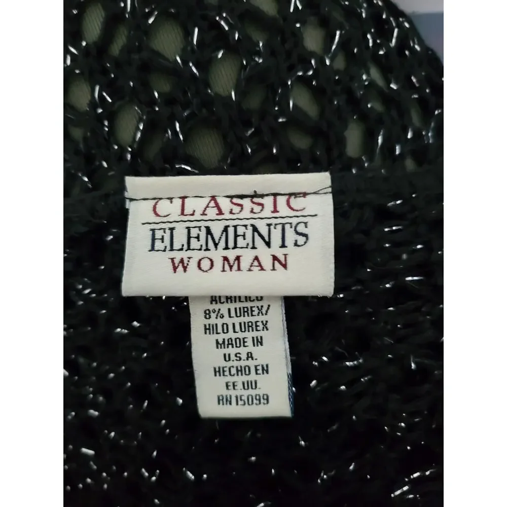 Classic Elements Woman Black Open Weave W/Silver Thread Tie Front Sweater 1X